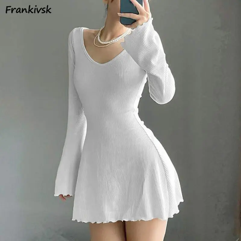 

Autumn Dresses Women Pure Chic American Style V-neck Stretchy Slim Sexy Basic Retro Long Sleeve High Street Mini Vestidos Spring