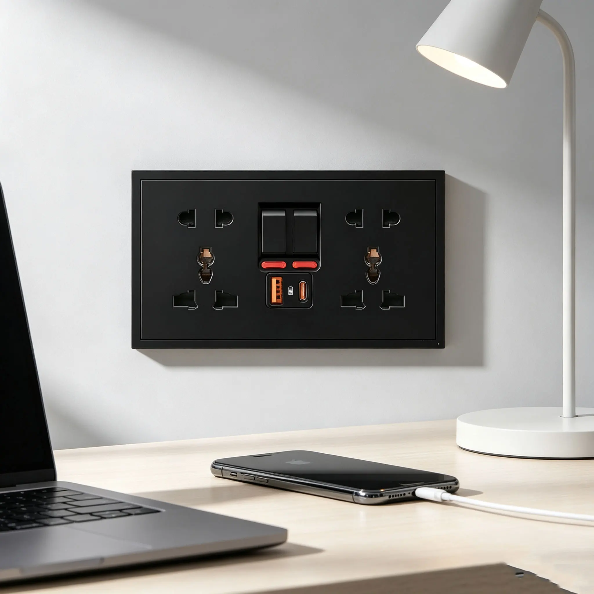 Black 146 Type Multifunctional 5/10 Hole Socket with USB Type-C 5V3A 15W Fast Charge And 2Gang Independent Control Switch
