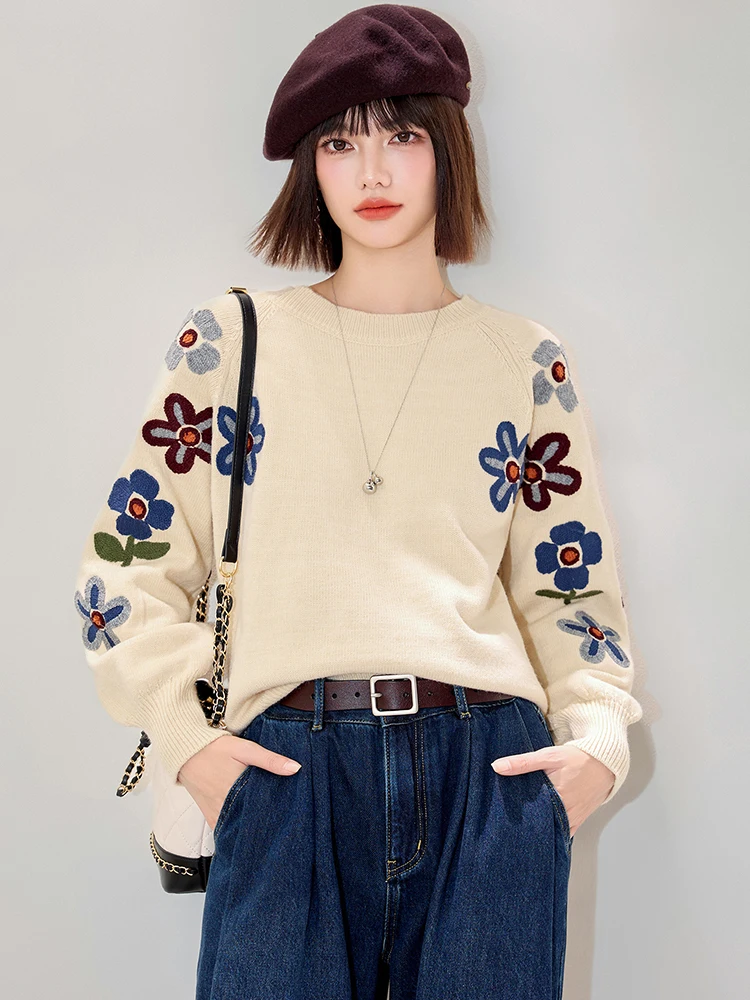 Women Beige Sweater Autumn Winter Floral Embroidered Pullover Knitted O-neck Button Long Sleeve Soft Top Female SW017