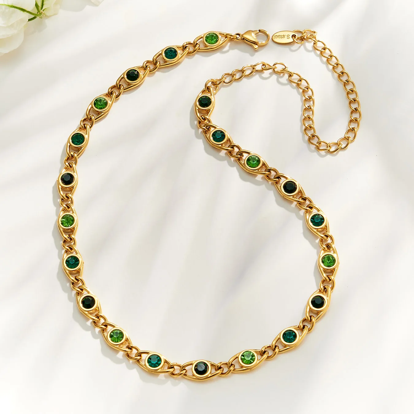 Boho Bunte Zirkon Halskette Armband 18k Vergoldetes Edelstahl Schmuckset für Damen Zierliches Party-Schmuckset – Detail 12