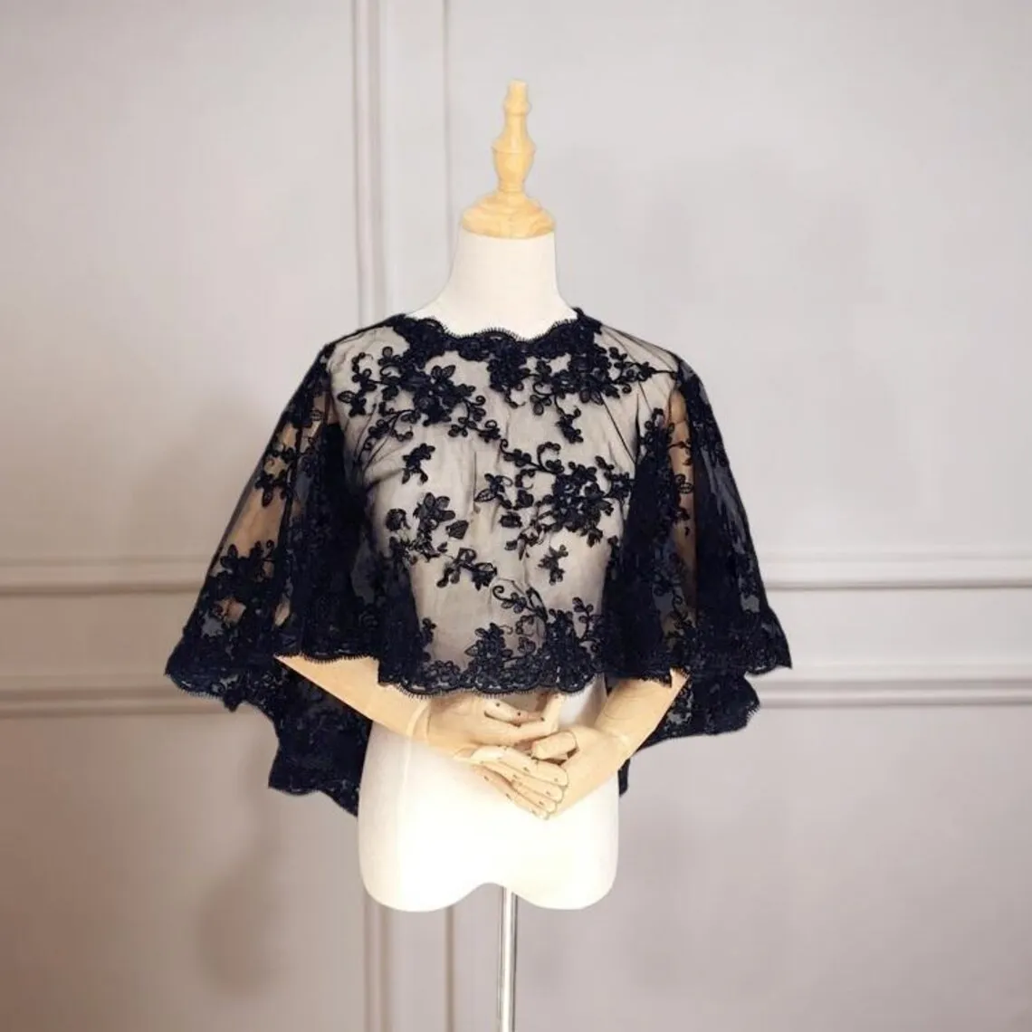 

Customized Black Formal Party Capes Short Front Long Back Wrap Lace Boleros Wedding Shrug Special Occasion Jacket