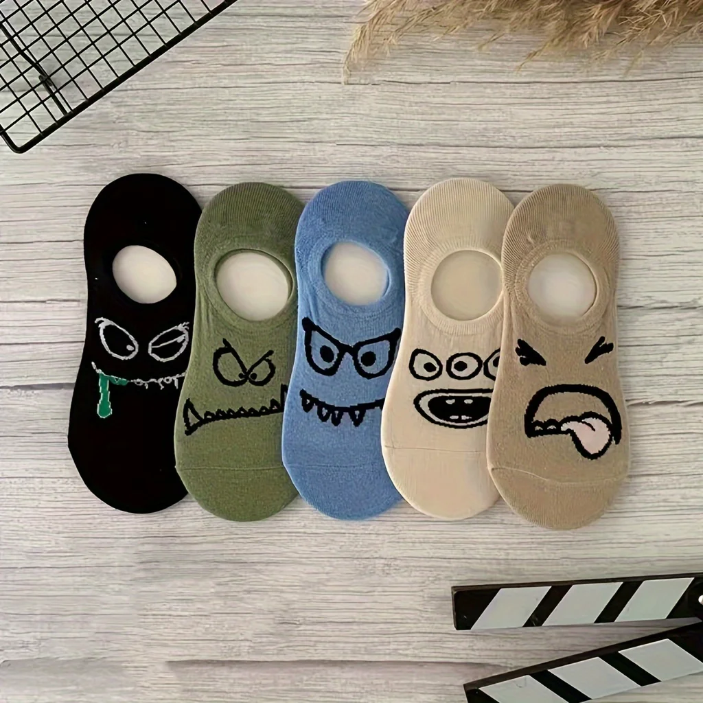 5 Pairs Of Cartoon Print Crew Socks, Funny Breathable Low Cut Ankle Socks, Women's Everyday Work Boat Socks