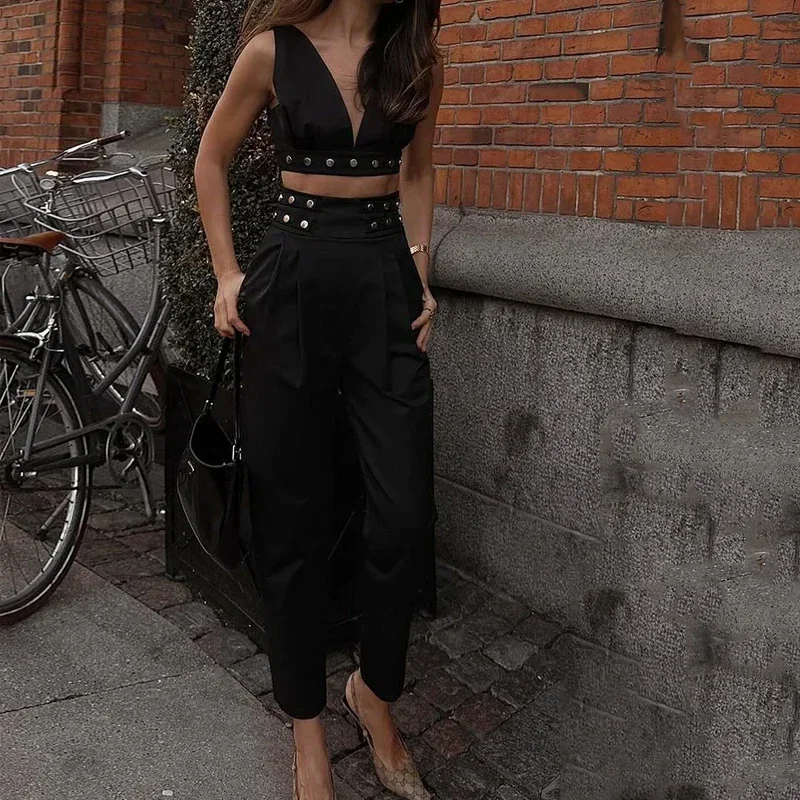 Wefads Two Piece Set Women 2024 Summer Solid V Neck Sleeveless Backless Buttoned Vest Top Straight Pants Sets High Streetwear