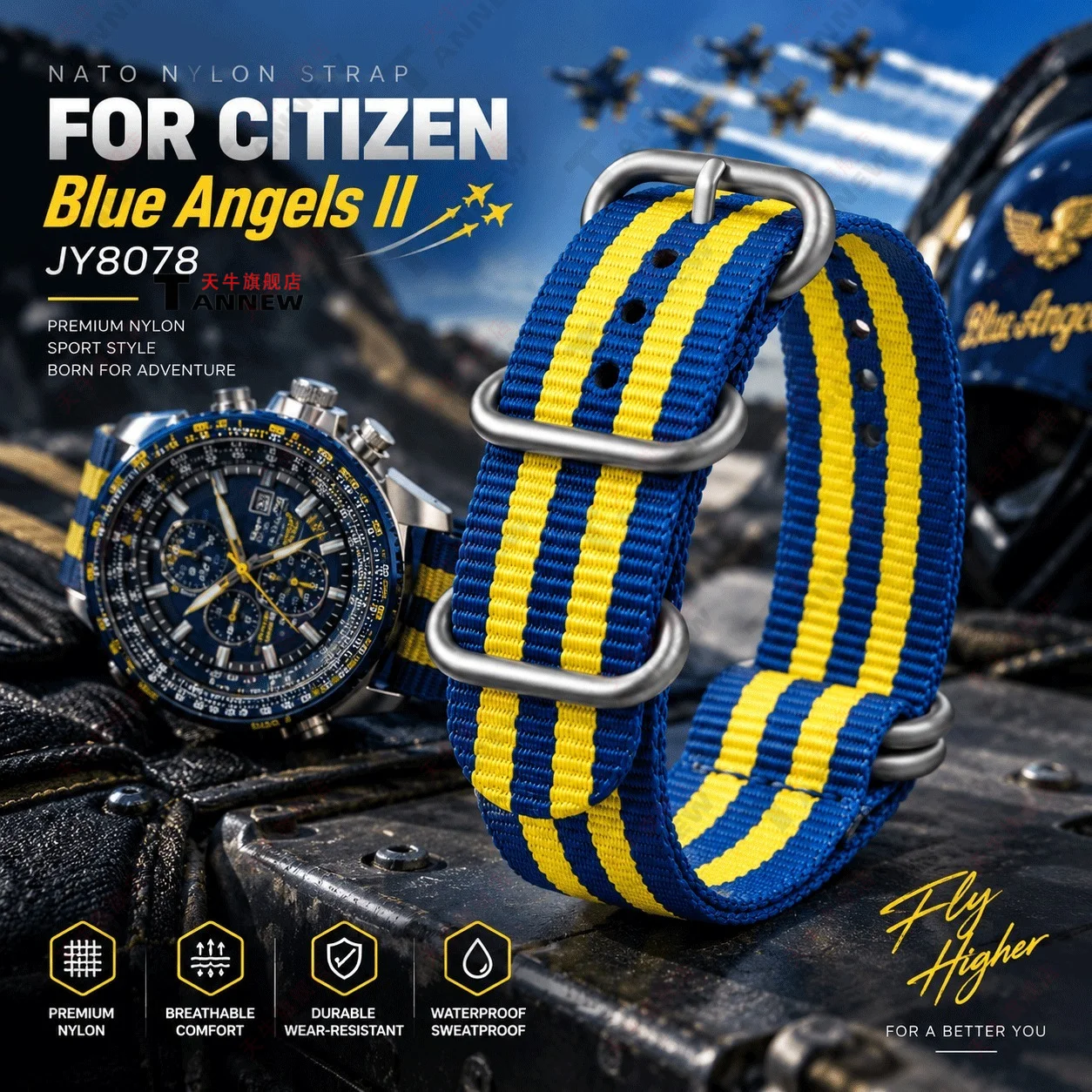 For Citizen Blue Angels Skyhawk JY8078 Nylon Strap, 22mm Woven Canvas Sport Band, Replacement Watch Strap