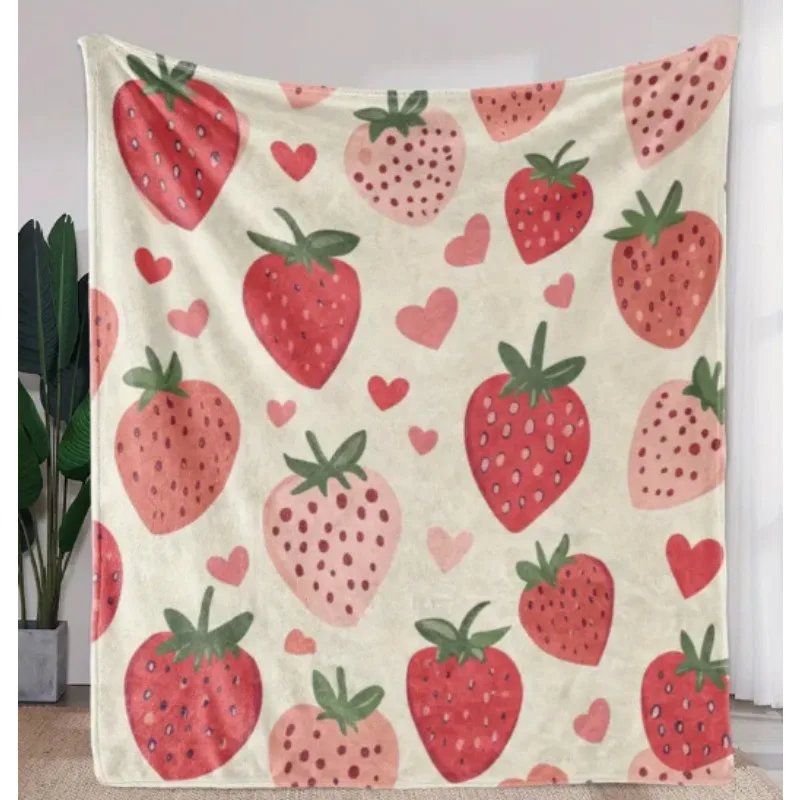 Selimut vintage dengan motif stroberi dan hati, selimut untuk sofa, tempat tidur, berkemah di mobil, kantor, dekorasi rumah
