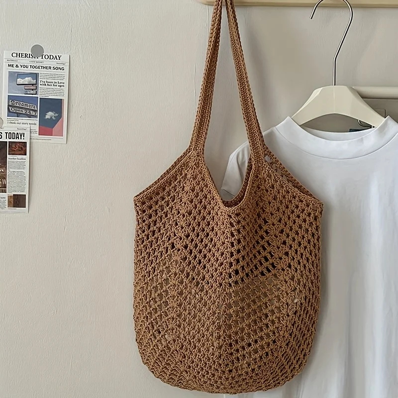 Crochet Mesh Tote Bag Hollow Woven Shoulder Bag  Reusable Lightweight Knit Market Bag for Beach Travel Shopping and Daily Use