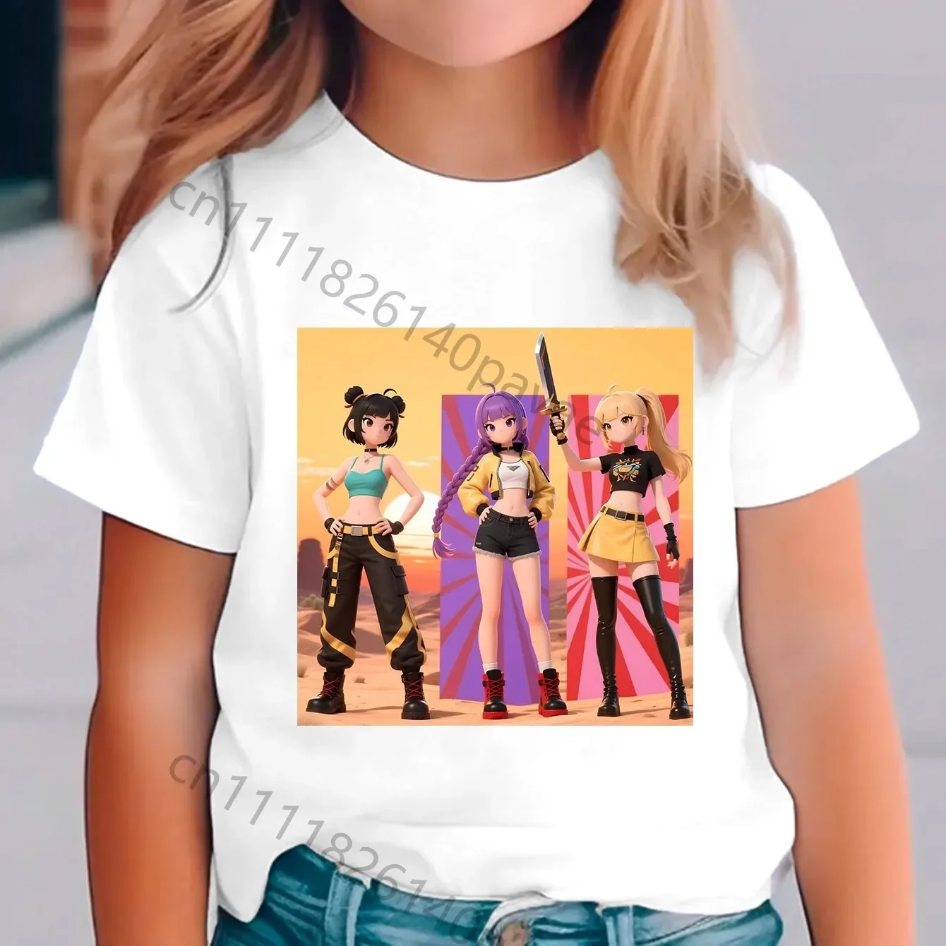 K-pop Anime Team T-shirt for Girls Featuring Three Cool Female Warrior Designs Soft Pure Cotton Short Sleeves
