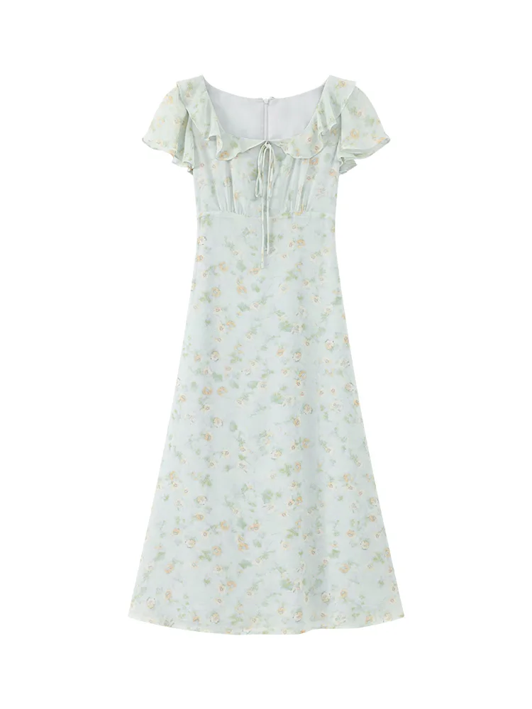 Sweet Floral Chiffon Dress for Women Summer Ruffle Hem Slim Fit Long Sundress Elegant Square Neck High Waist French Style Outfit