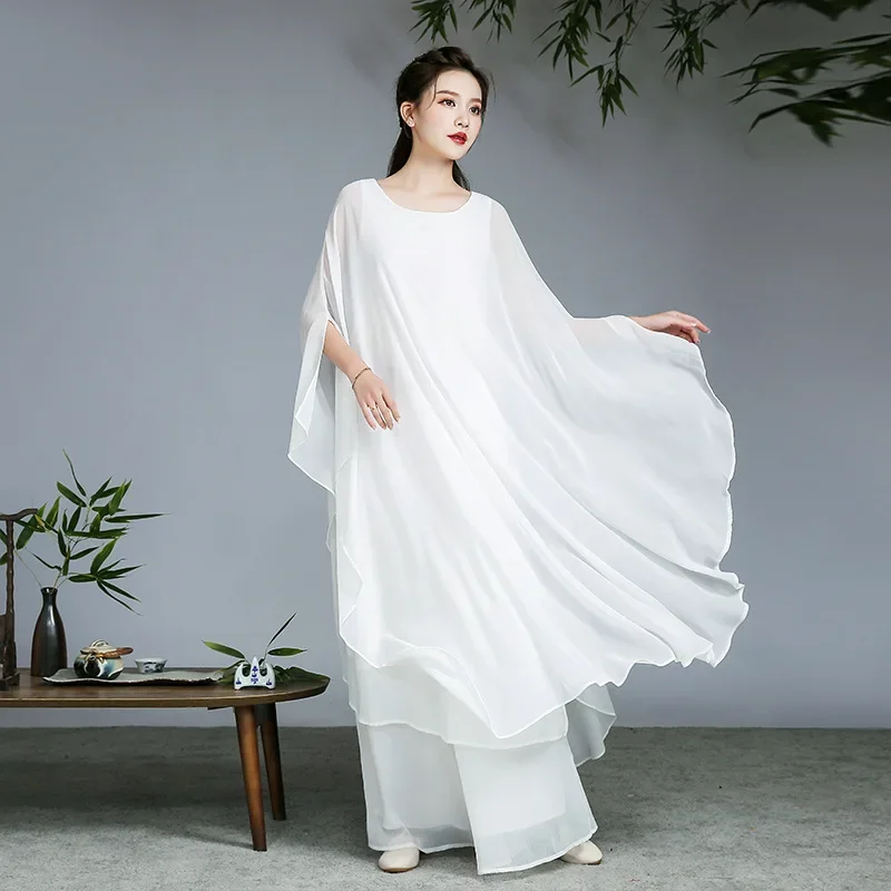 Drei Schichten Große Schwingen Chiffon Tee Anzug Zen Anzug Breite Bein Hosen Set Buddhistischen Meditation Nationalen Stil Tanz Kleid Mädchen