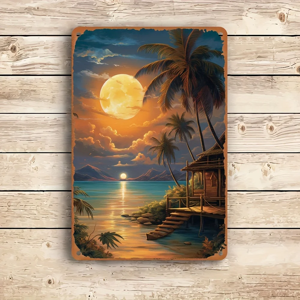 1PC tropisch strand zonsondergang metalen muur kunst ijzeren palmboom en oceaan thema thuis bar garage decoratie 8x12 inch