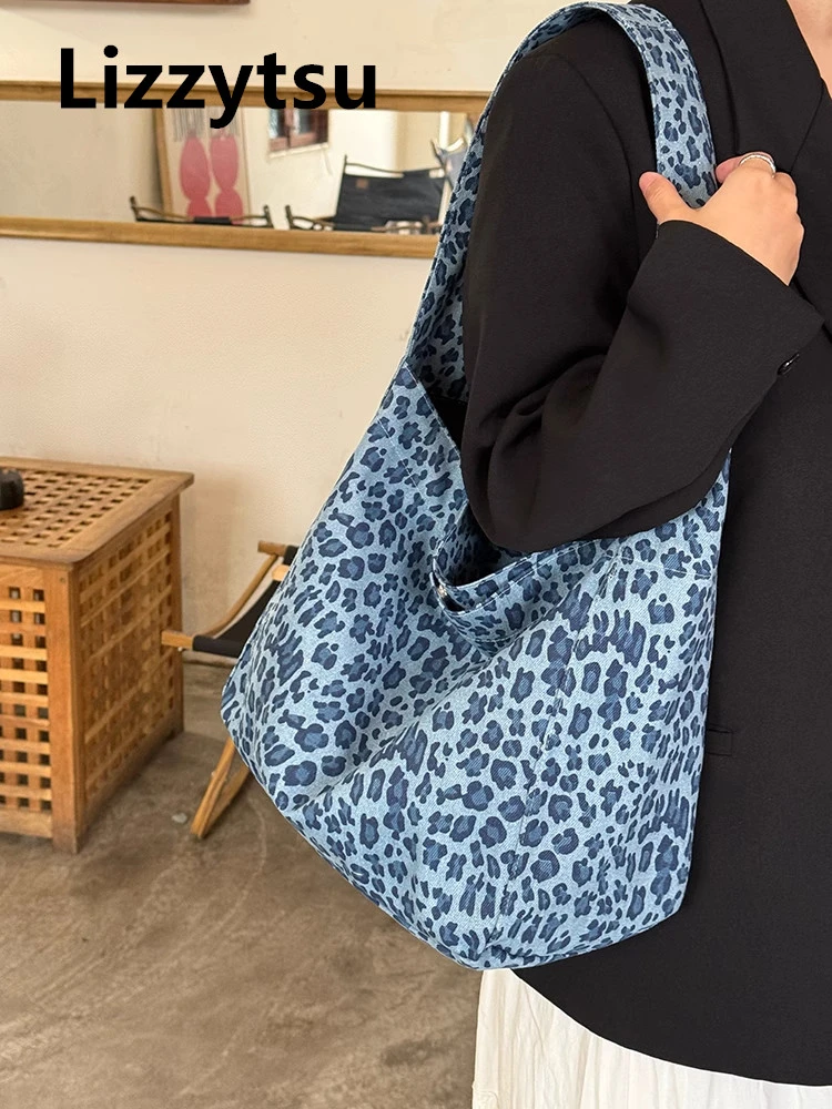 

Lizzytsu элегантный дизайн повседневные синие леопардовые сумки на плечо винтажная корейская сумка женская Easymatch уличная сумка-тоут большой вместительности