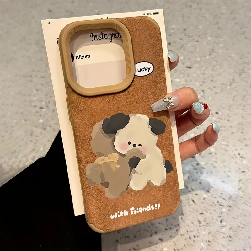 

Autumn And Winter Oil Painting Puppy Faux Fur Phone Case For iPhone 15 Pro Max Cases iPhone 16 15 14 Plus 13 12 11 XS X XR Cover