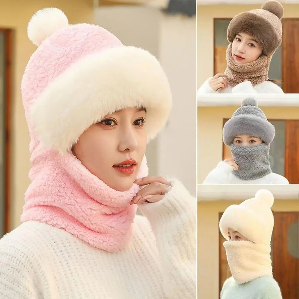 Winter Scarf Set Hooded For Women Plush Neck Warm Russia Outdoor Ski Windproof Hat Thick Plush Fluffy Beanies Cold Weather Cap ﻿