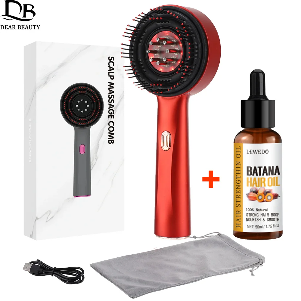 Electric Vibration Massage Comb + Batana Oil Anti Hair Loss Liquid Applicator Red Light Therapy Hair Growth Scalp Massager Brush