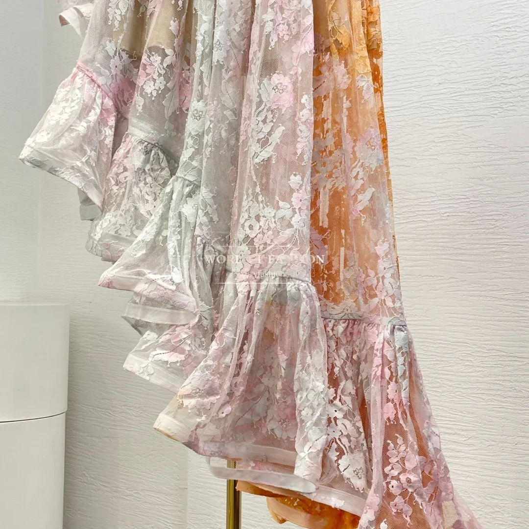 

2025 Новая модная оранжево-розовая кружевная лоскутная юбка-миди со складками и нерегулярным подолом