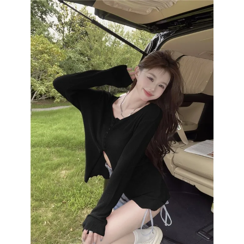 

Однотонный свитер с нерегулярными разрезами, женская рубашка с тонким низом, топ