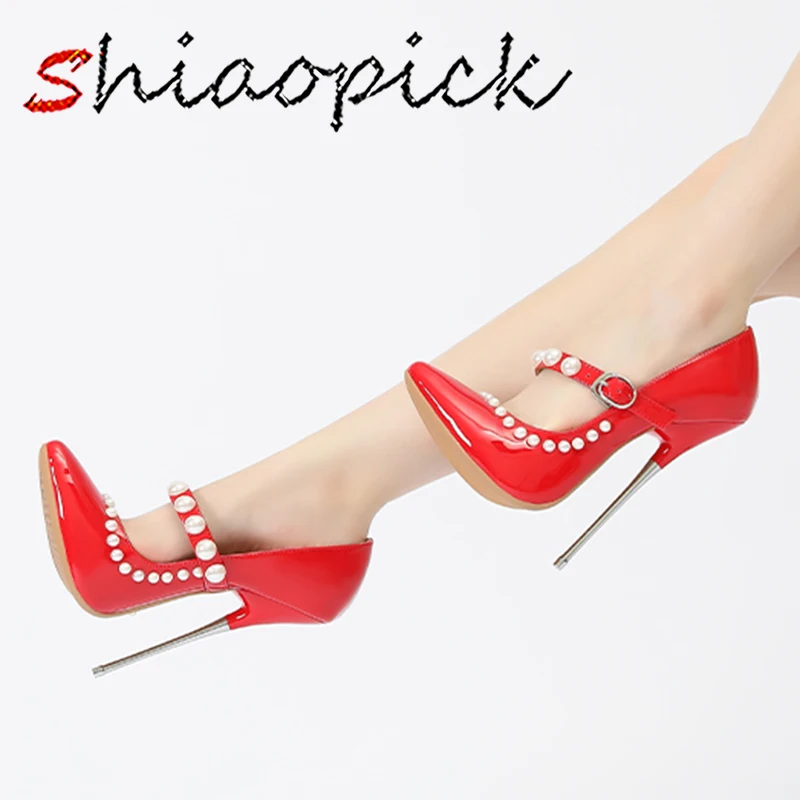 

2025 New Arrival 16cm Extreme Metal High Heels Stilettos Sexy Pearl Ankle Strap Women Pumps Fetish Model SM Gay Unisex Shoes