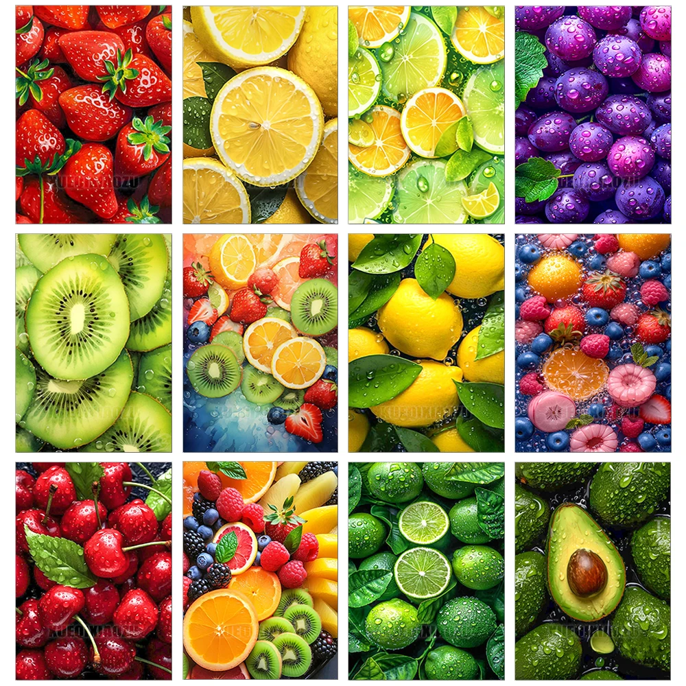 1 pieza de pintura de diamantes sin marco, con diseño de frutas (fresa y limón), kit de mosaico de diamantes completo, kit de punto de cruz, arte DIY