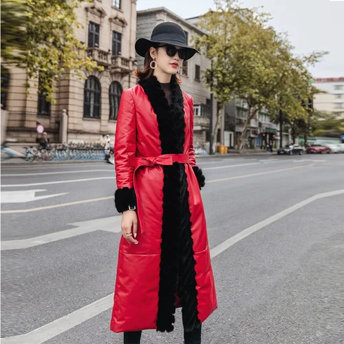 

Genuine Leather Long Jacket Women Sheepskin Coat Female Winter Women's Down Jacket Raccoon Dog Fur Collar Mujer Chaqueta