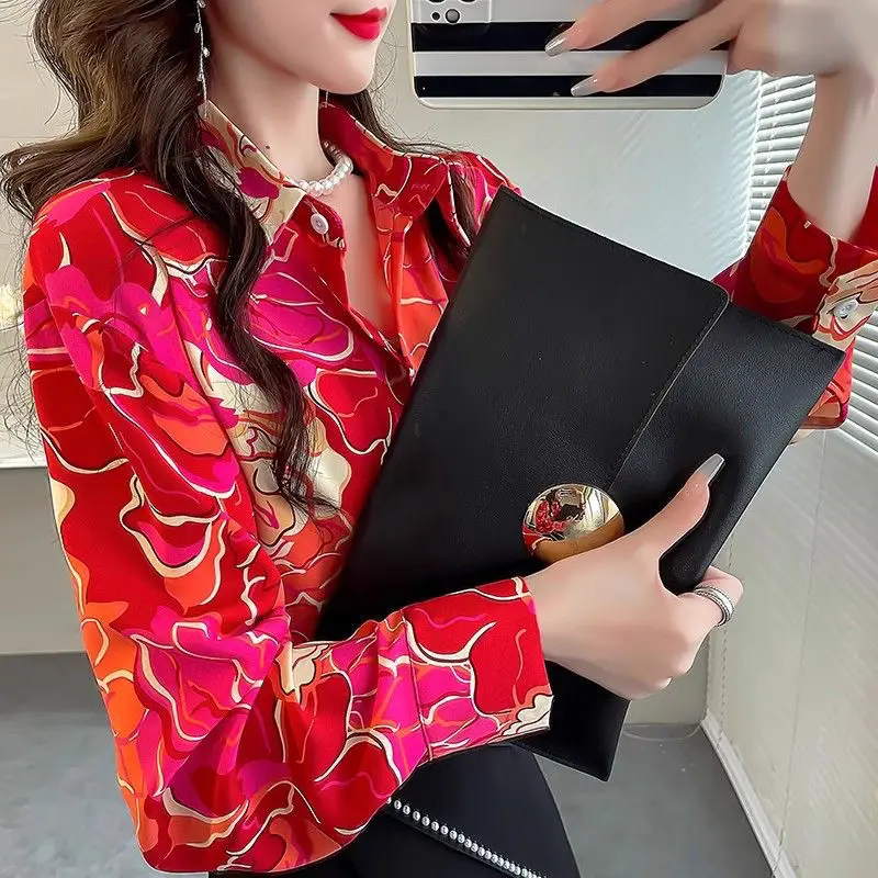 Red Printed Shirt Women's Spring Autumn Long Sleeved Blouse Chiffon Fashionable Temperament Top