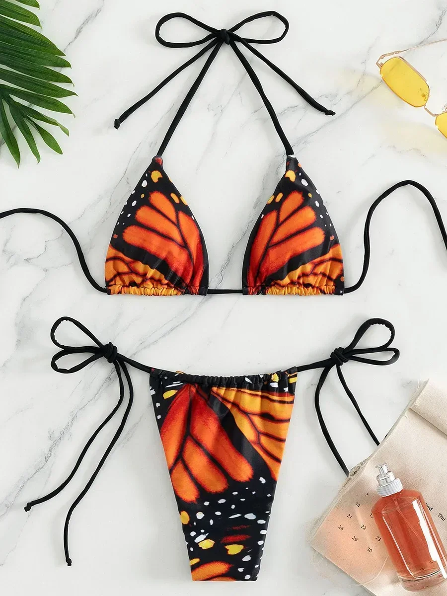 

Butterfly Print Halter Mini Micro Bikini Female Swimsuit Women Bikinis Triangle Swimwear Two-pieces Bikini set Bathing Suit Swim