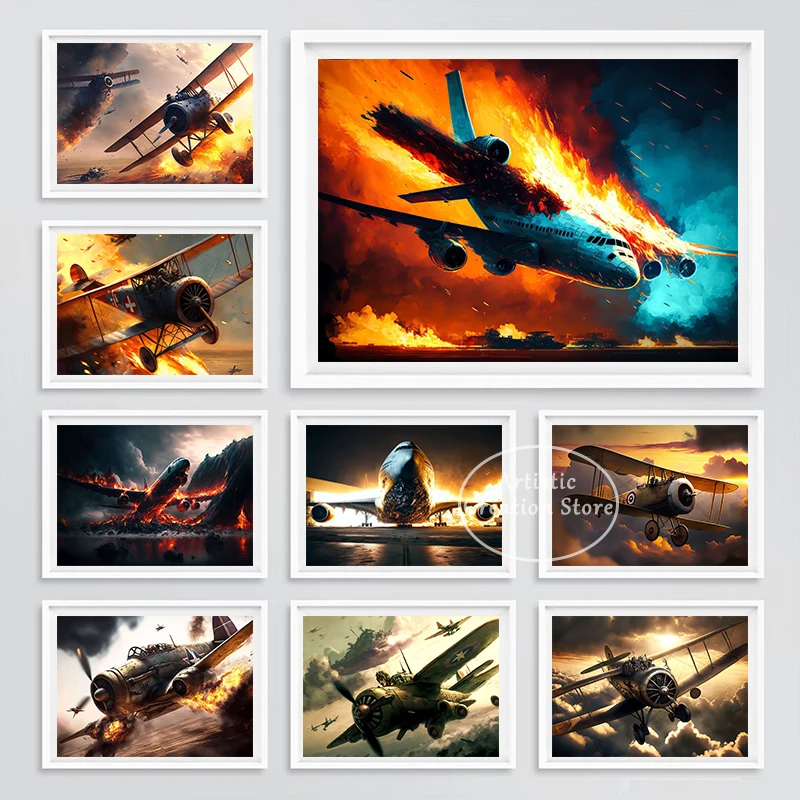 War II Plane Fighter In The Sea of Fire Posters Prints Canvas Painting Wall Art Pictures Modern Living Room Big Size Wall Decor