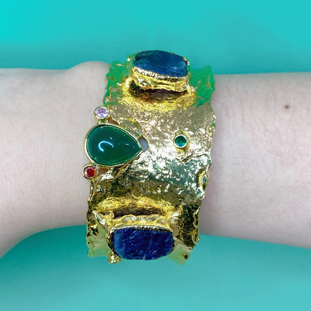 

kkegm 29mm width faceted teardrop green agate rectangle amethst pave gold plated bangle bracelet