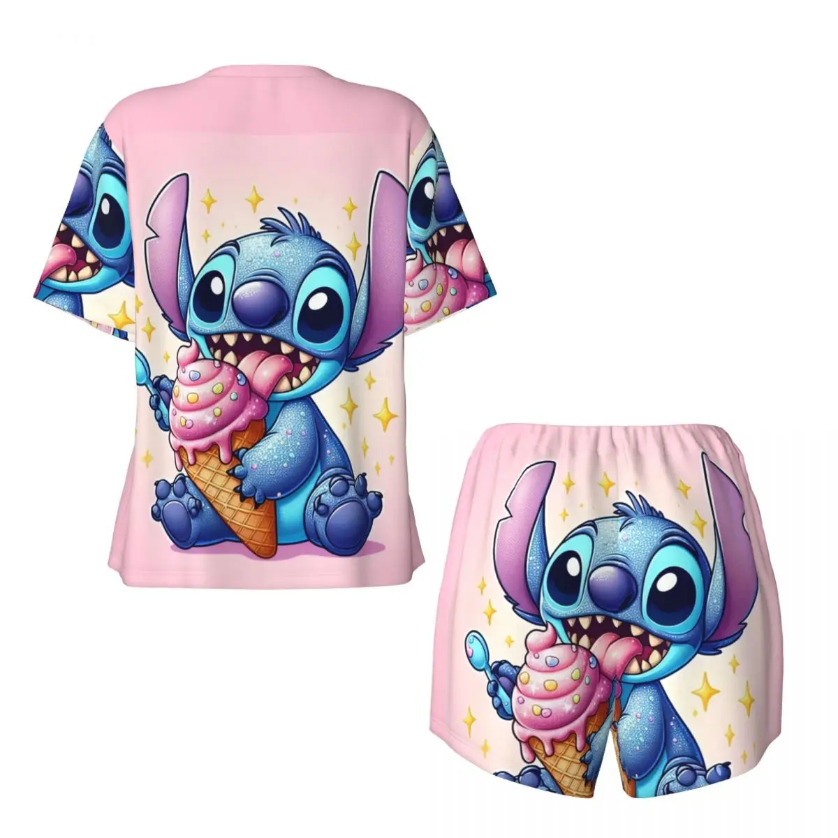 Custom Cartoon Anime Manga Stitch Pajamas Set Women Short Sleeve Sleepwear Loungewear 2 Piece Pjs