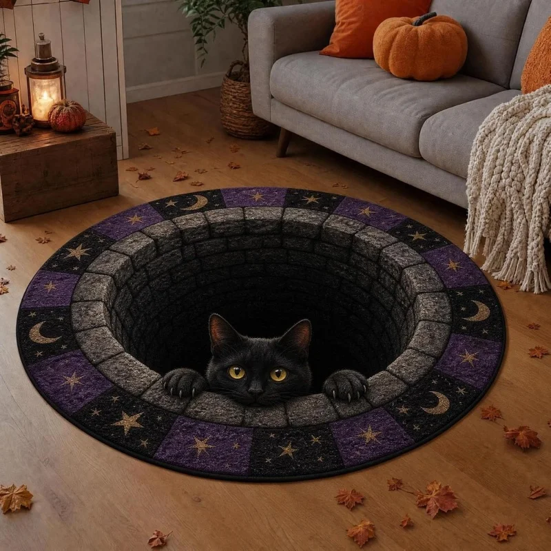 2D Vortex Optical Illusion Round Rug Halloween Black Cat Well Hole Print Floor Mat Spooky Home Decor Carpet for Living Room