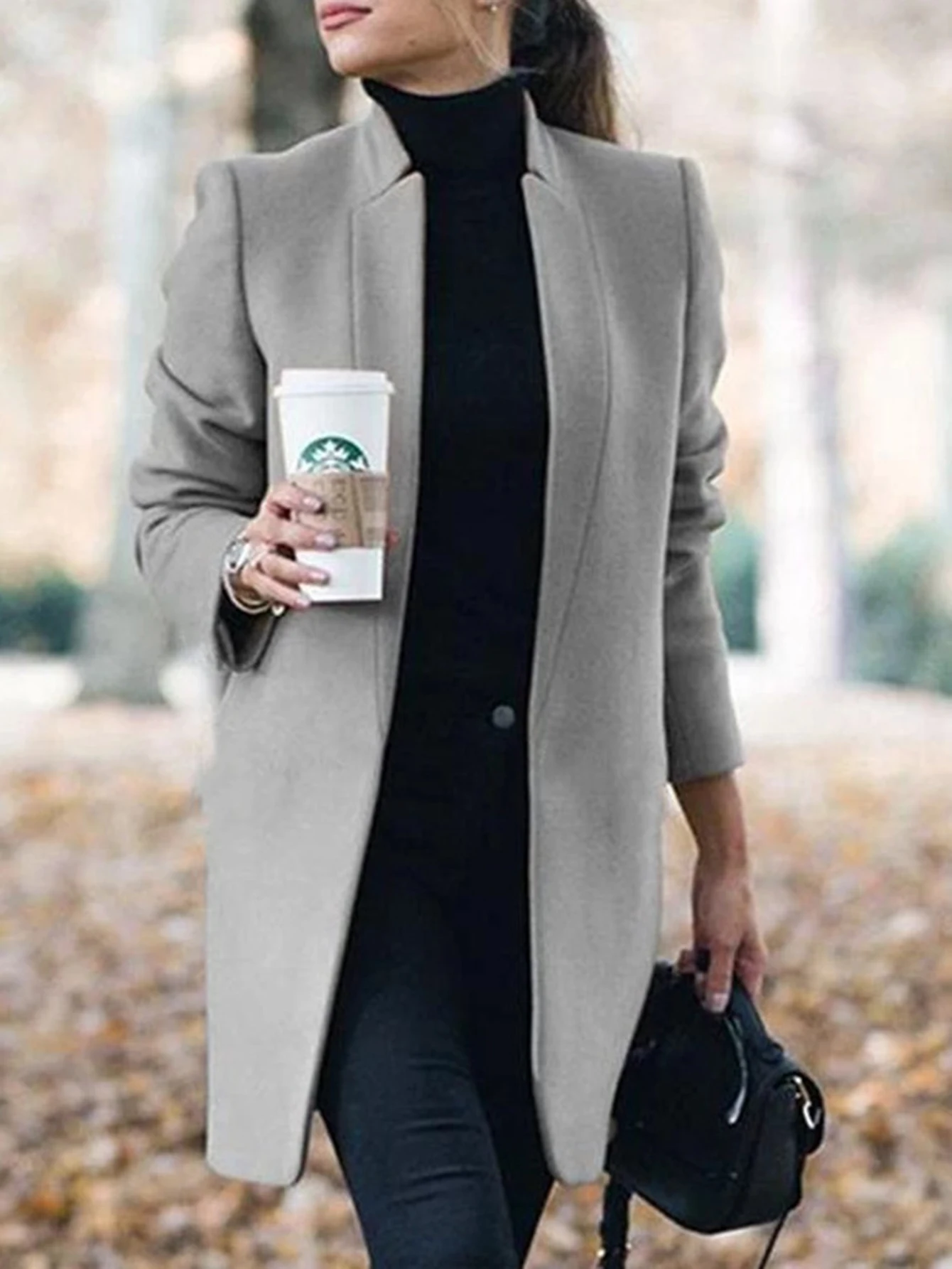 معطف نسائي طويل الأكمام برقبة على شكل حرف V بلون سادة للخريف والشتاء معطف كاجوال للمكتب اليومي مع جيوب صدر واحد للسيدات #5