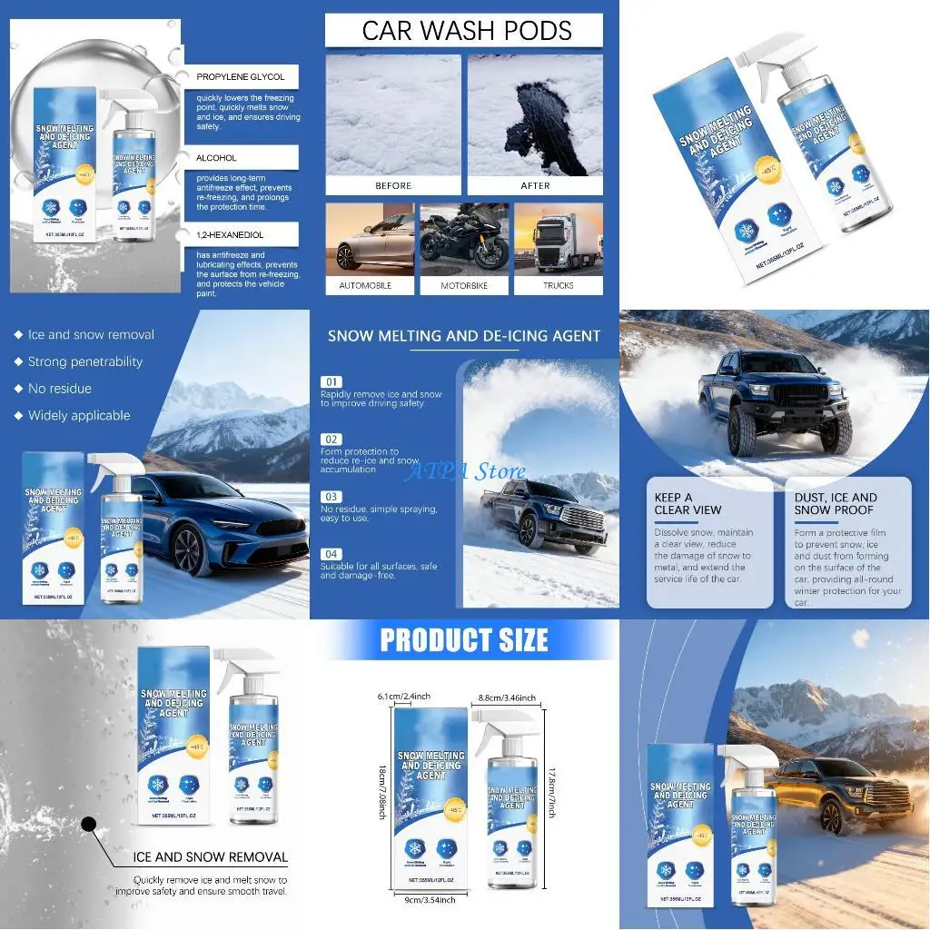 

U13C 355ml Fast Ice Melter Sprayed For Vehicle Windshields Glass Window Locks Quick Defrosting Anti Snow Accumulation Formula