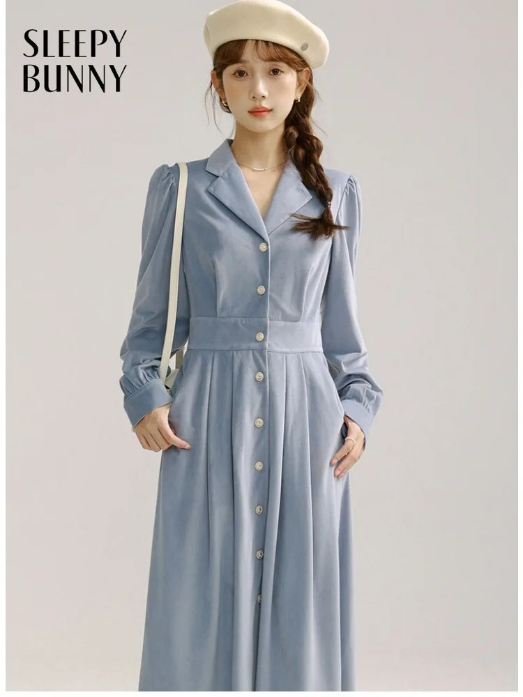 

Spring Vintage Corduroy Blazer Collar Midi Dress Women Lady Slim Waist A-Line Long Sleeve Dress Elegant Style Casual Daily Wear