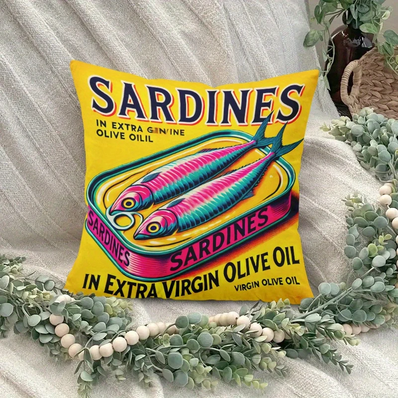 VIKAMA Retro Sardine Themed Soft Cushion Pillow Cover Food Print Home Decor Gift for Food Lovers
