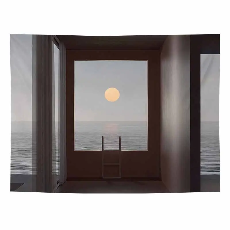 VIKAMA French Window Sea Sunset Tapestry, Minimal Sea Window Aesthetic Wall Hanging for Bedroom Living Room Dorm Decor