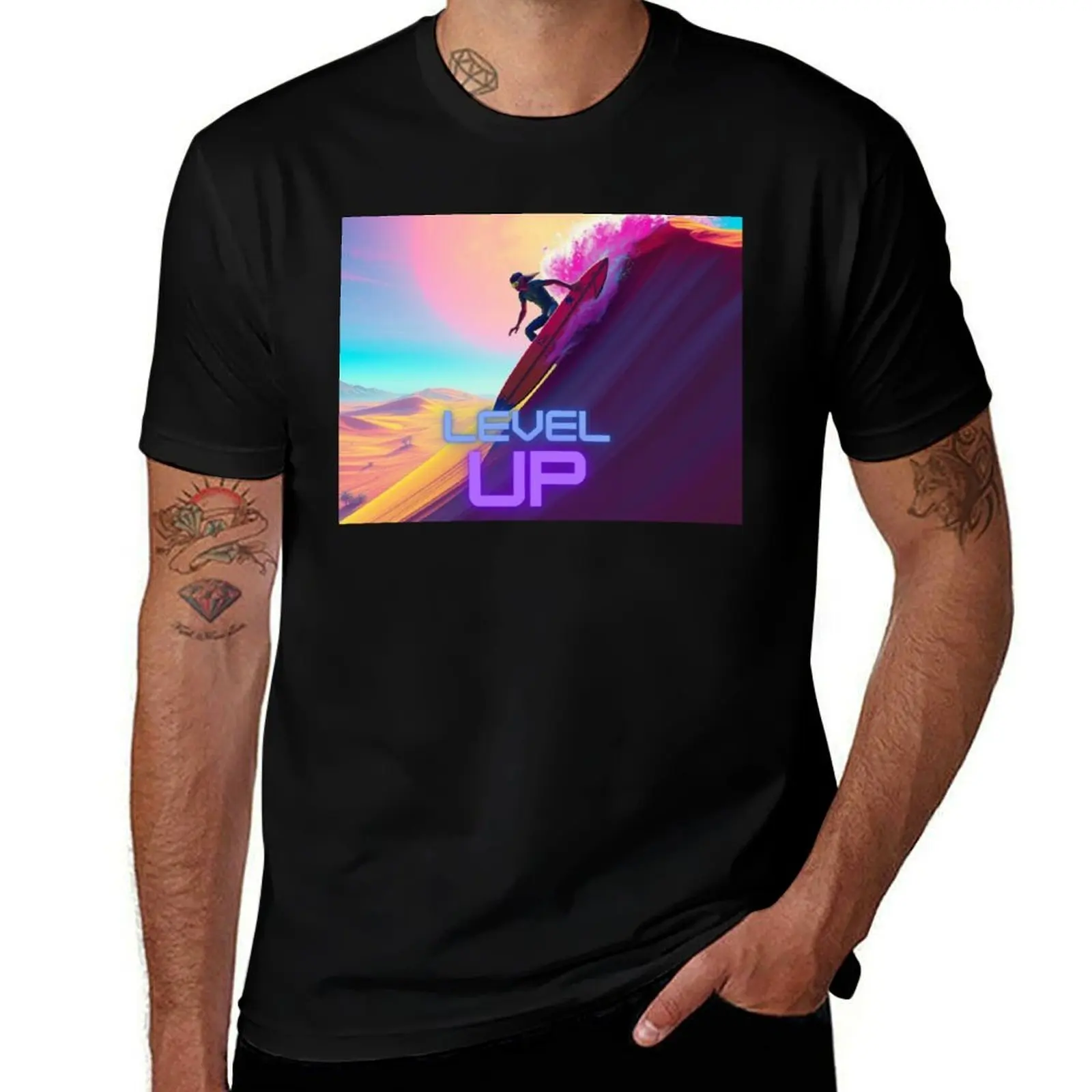 

LEVEL UP – Dreamscape Surfer in a Neon Desert T-Shirt graphic t shirts oversize t-shirts man topping mens tall t shirts
