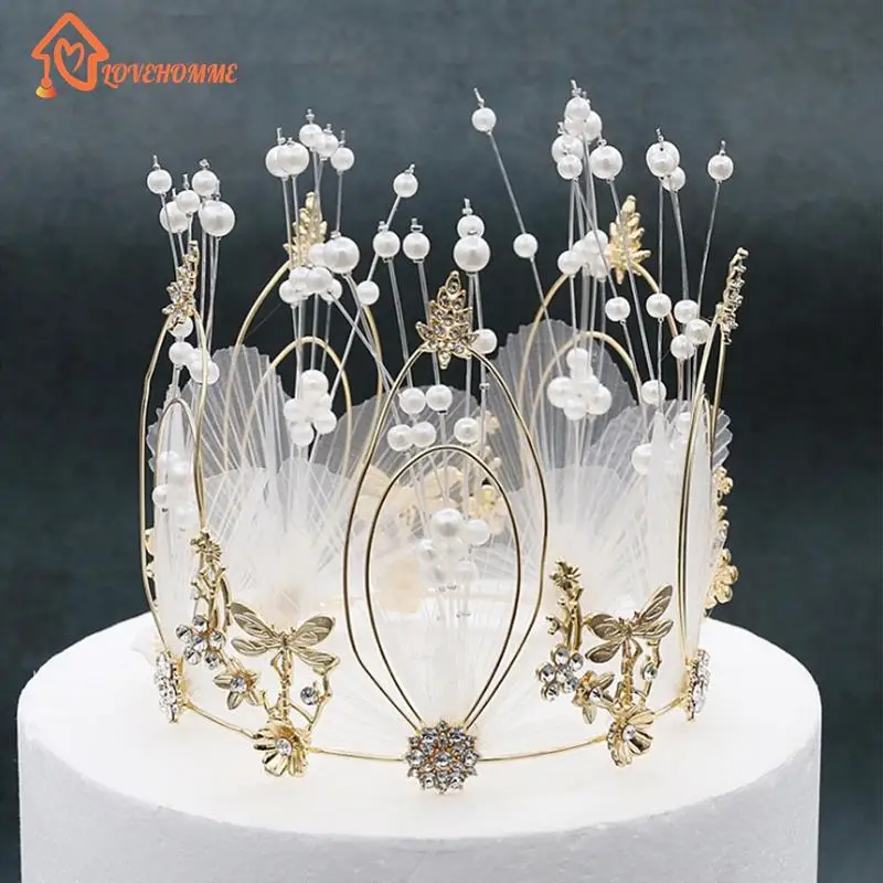 Gold/Silver S/M Pearl Crown Cake Decorative Tiaras Crystal Pearl Princess Cake Toppers Wedding Birthday Cake Decoration Ornament