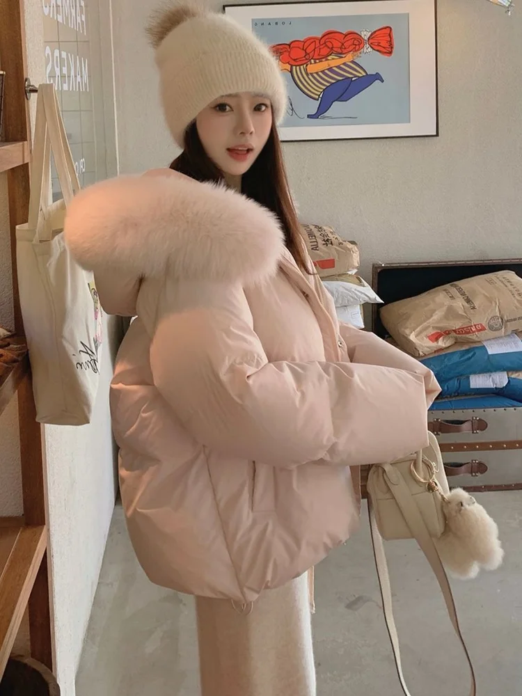 الوردي أسفل Jaet المرأة شتاء جديد 2025 النسخة الكورية فضفاضة ثي الدافئة كبيرة الفراء طوق الخبز Sle معطف المرأة Sle #2