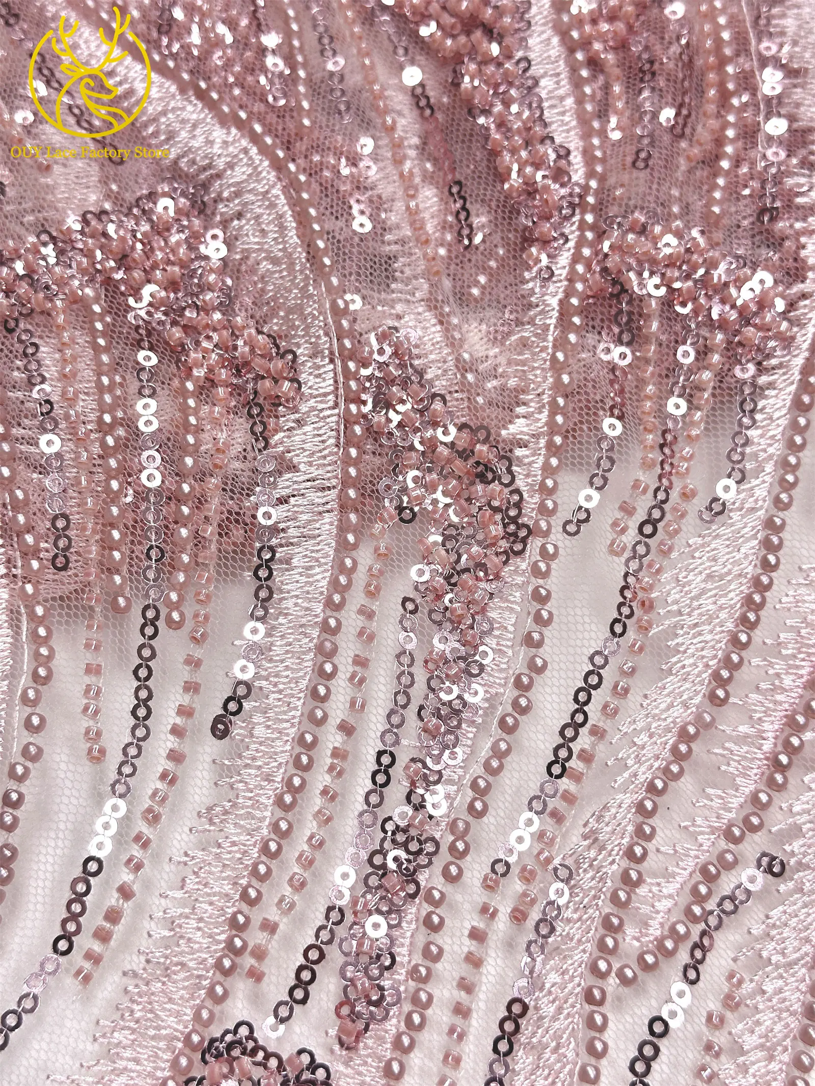 Afrikanischer Brautkleid-Spitzenstoff mit Stickerei und Perlen, französischer Netzspitzenstoff, nigerianischer Tüllspitzenstoff für Hochzeitskleider und Partykleider zum Nähen – Detail 18
