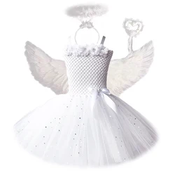 White Angel Tutu Costume for Girls Princess Fairy Cosplay Dress with Wings Halloween Costumes for Kids Girl Clothes Outfit