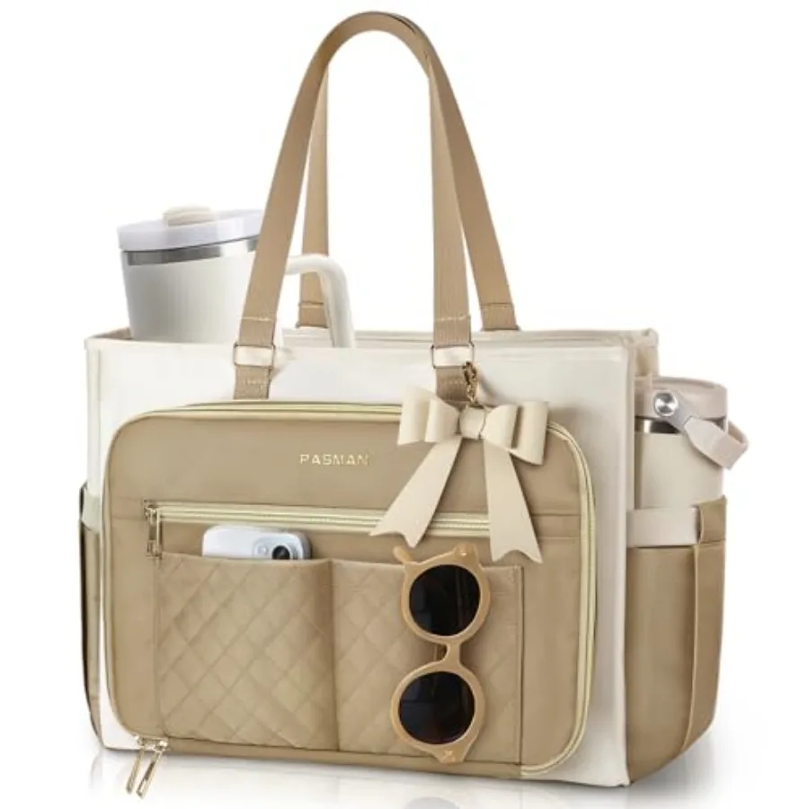 

Teacher Tote Bag for Women, Multi-Pocket Laptop and Nurse Work Bag with Cup Holder, Structured Business Briefcase Computer Purs