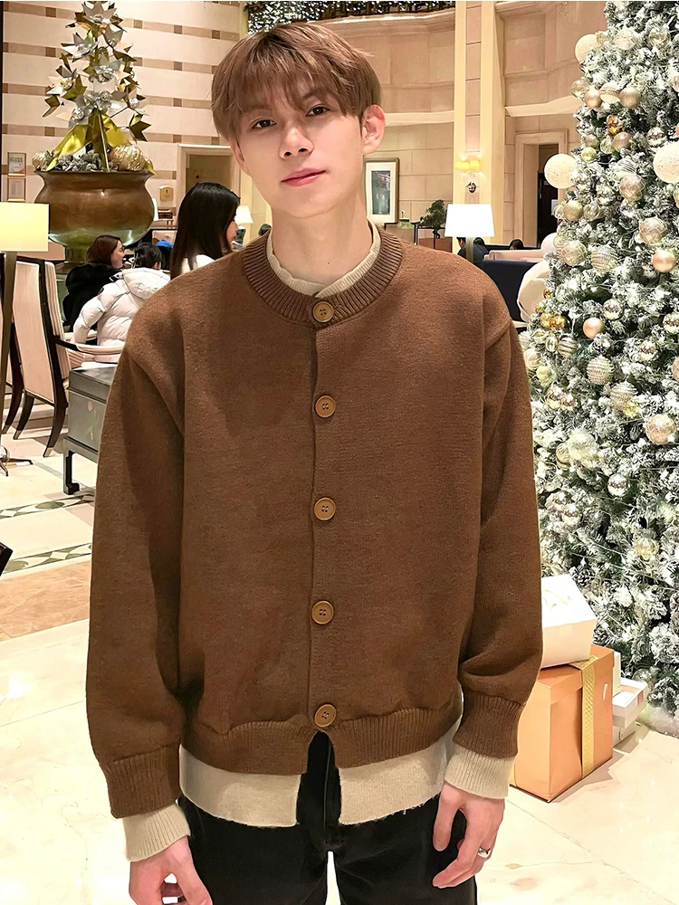 

American Retro Sle Button Knitted Cardigan Men's Autumn Winter Lazy lectual Color Blo Sweater Coat Loose Fit Long Sl...