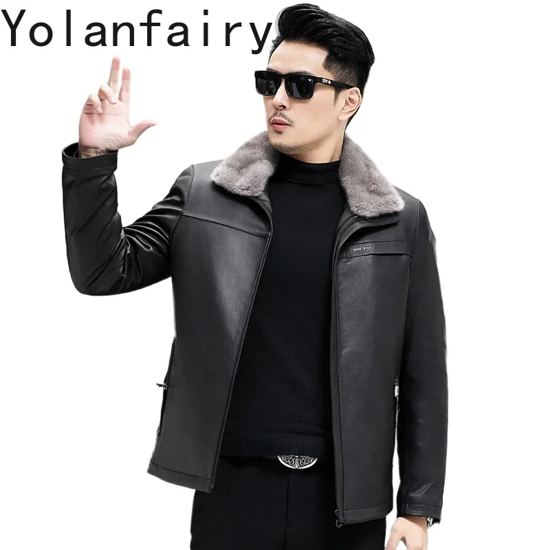 YOLANFAIRY Natural Fur Coat Mink Jackets for Men Winter Luxury Cross Mink Fur Liner Black Fur Coats Real Cow Leather Jacket Men