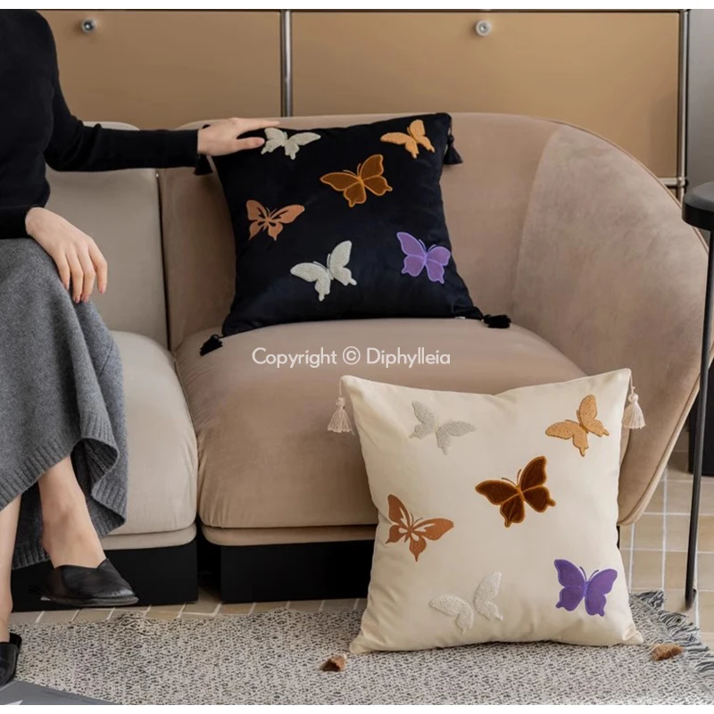 Diphylleia Butterfly Embroidered Cushion Cover With Tassels French Retro Queen Pillowcase 45x45cm Elegance And Comfort Home Deco