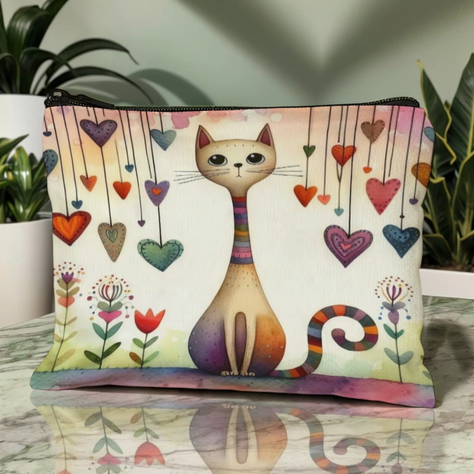 

Косметичка с художественным рисунком кошки и акварельными сердечками, портативная сумка на молнии для туалетных принадлежностей, дорожный органайзер для косметики