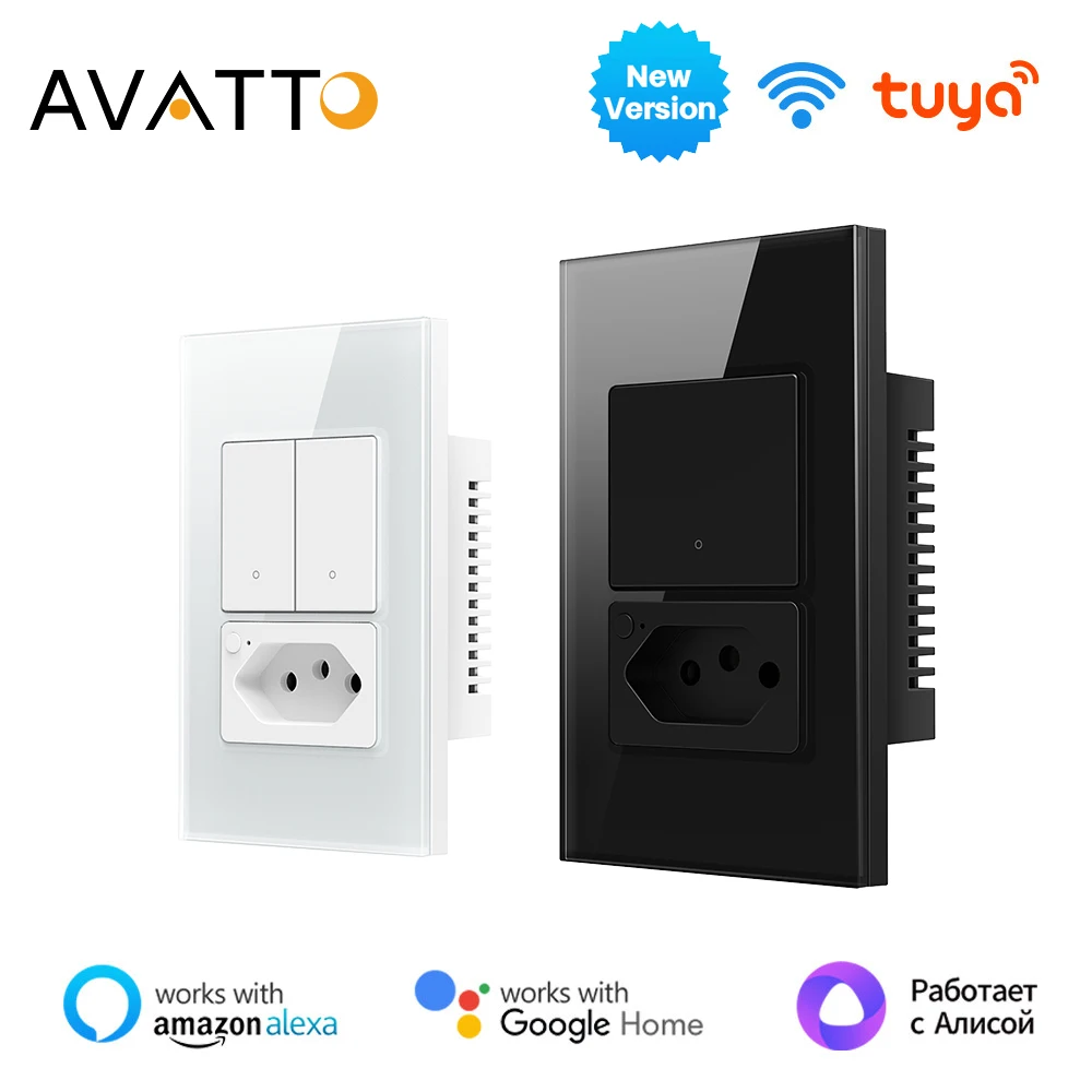 AVATTO Tuya WiFi Smart Wall Switch & Socket Brazil Standard 4X2 Glass Panel 1/2 Buttons Light Switch Work With Alexa,Google Home