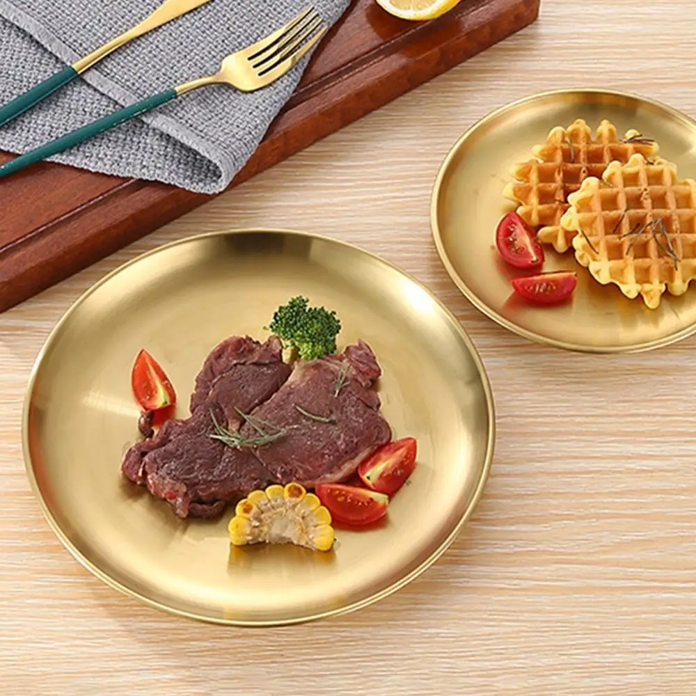 1Pcs Shallow Stainless Steel Plate Dining Disc Kitchen Accessories Food Tray 14/17/20/23/26CM Fruit Cake Snacks Pasta Steak