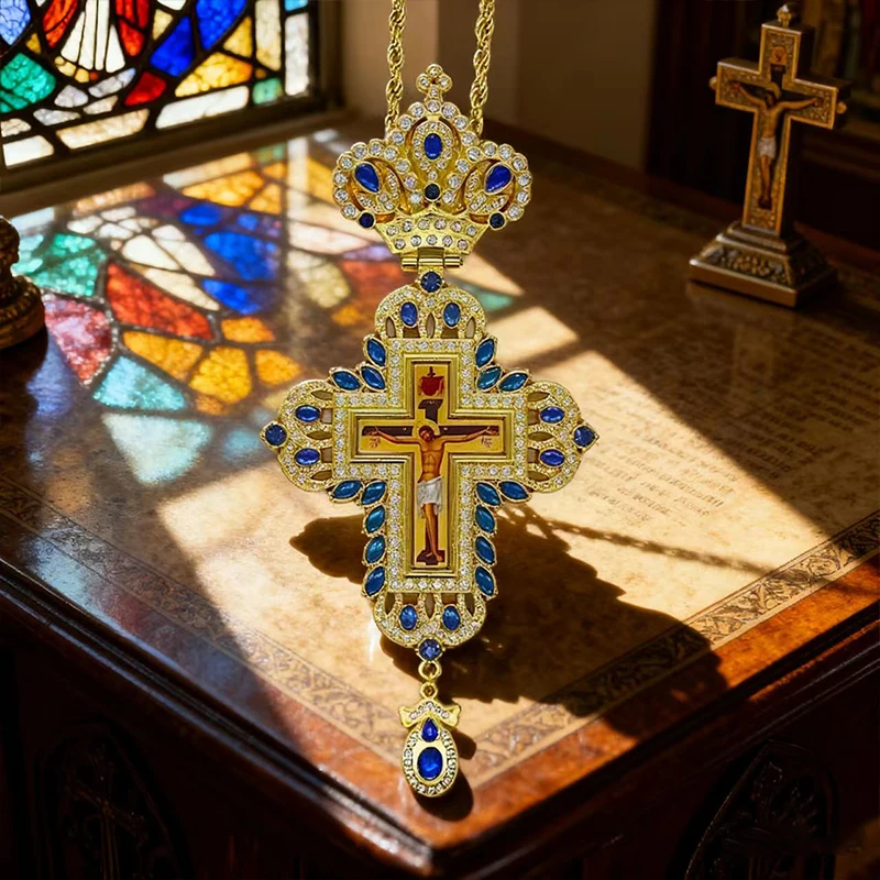 Luxuriöse Orthodoxe Brustkreuz-Halskette, Rote Kristallakzente mit Kruzifix-Ikone, Hochwertiger Liturgischer Schmuck für Kirchliche Sakramente – Detail 12