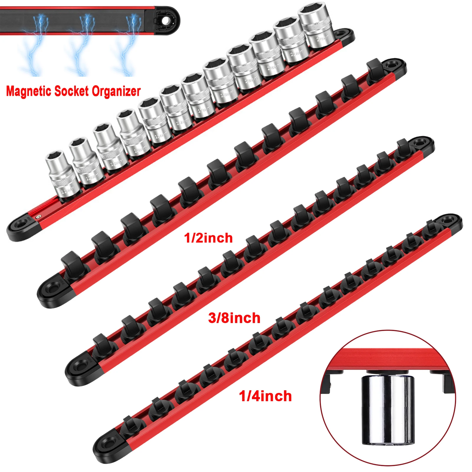 

Набор из 3 магнитных органайзеров для торцевых головок 3/8", 1/4", 1/2" с креплением на рейку, из алюминиевого сплава, поворот на 360° ° Поворотные съемные зажимы для ящиков инструментальных ящиков