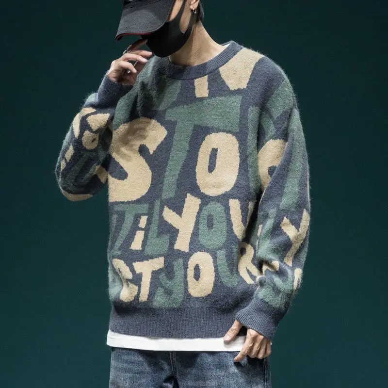 Men's Knit Sweater Round Collar Pullovers Male Knitwear Letter Embroidery Thick Woven Sweaters Men Tops Korean Fashion Clothes