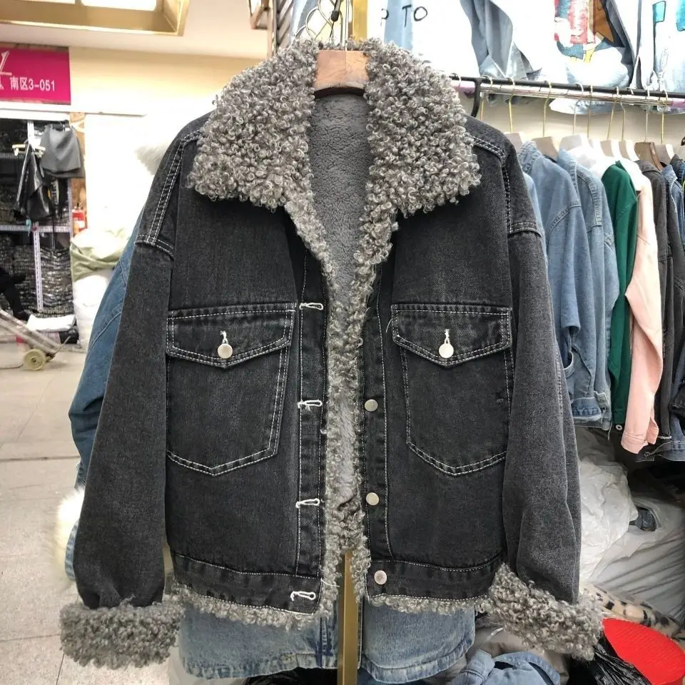 

Denim Coat Hip Hop Fur Plush Womens Fall Regular Fit Sweet Cool Girl College Classroom Anti-Wrinkle Padded Comfort Quick-Drying
